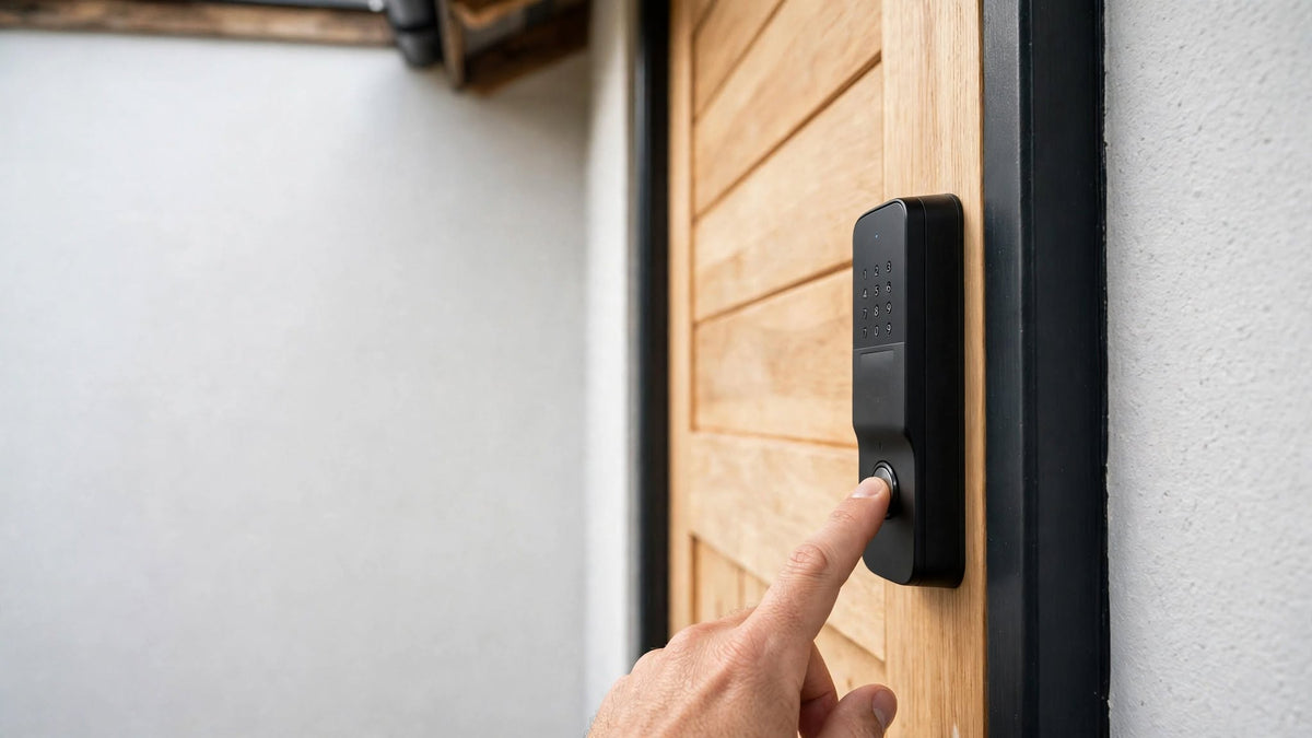 Finger pressing the doorbell button built into a black smart door lock on a timber door