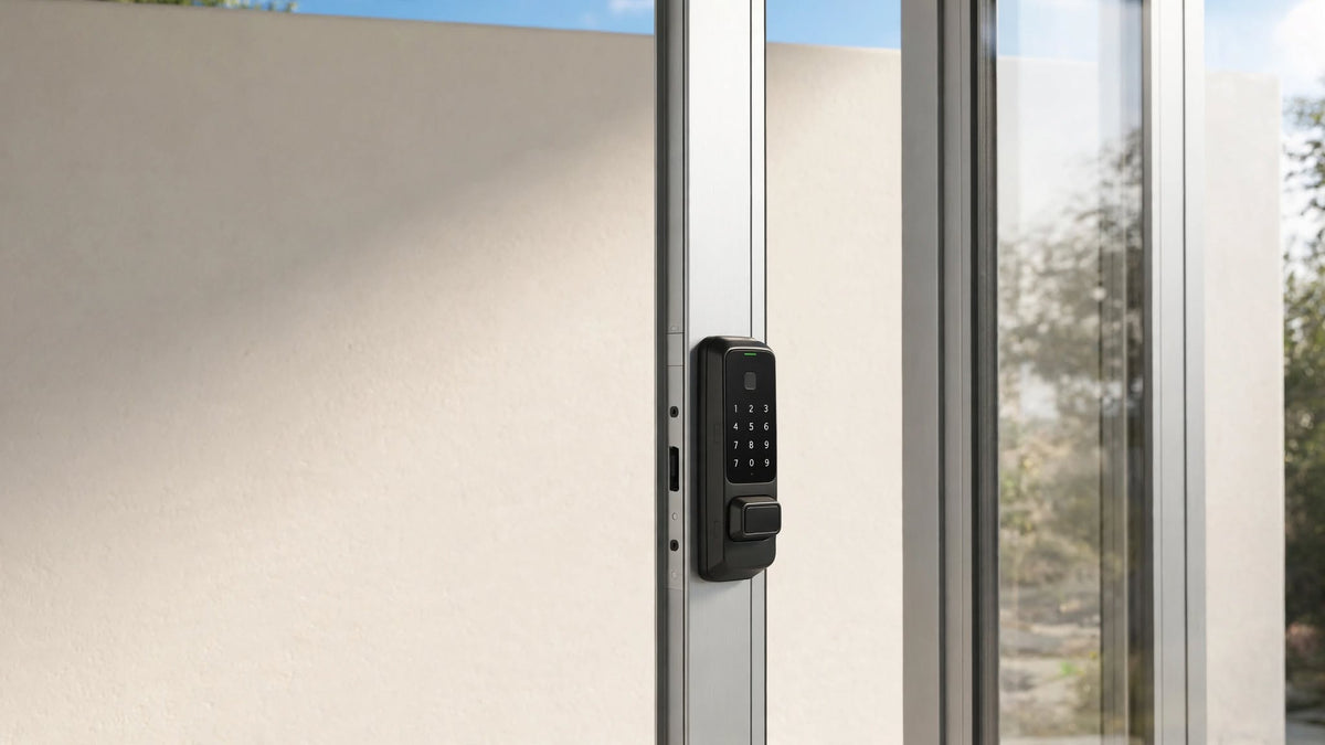 Close-up of a narrow aluminium door frame with a matte black smart lock fitted, glass panel and wall visible beside the door