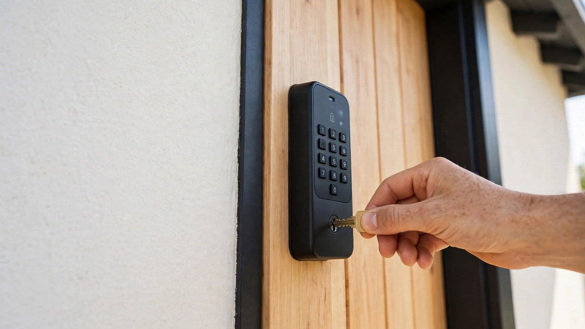 Close-up of a hand inserting a mechanical override key into a smart door lock, timber door with wall and frame visible