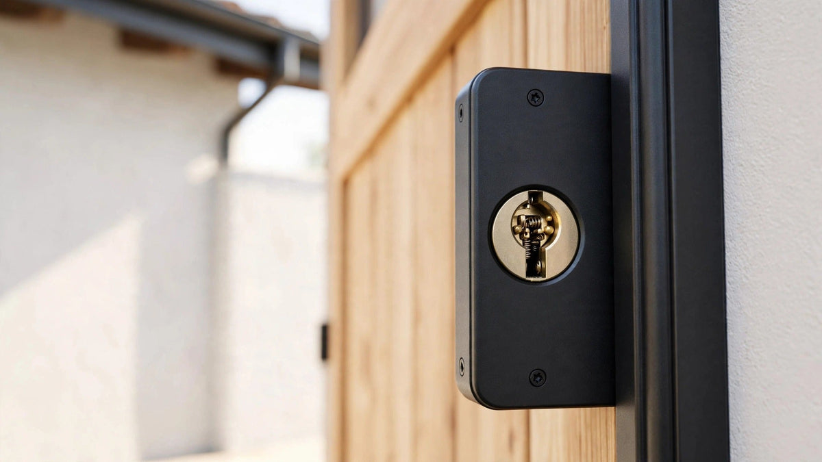 Close-up of a mechanical keyhole cylinder on a black smart door lock, timber door with dark frame and rendered wall visible