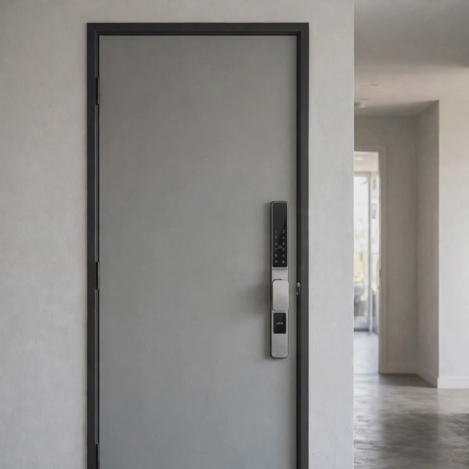 Silver short-handle push pull smart lock on entry door: fingerprint, app, code, card and key unlock
