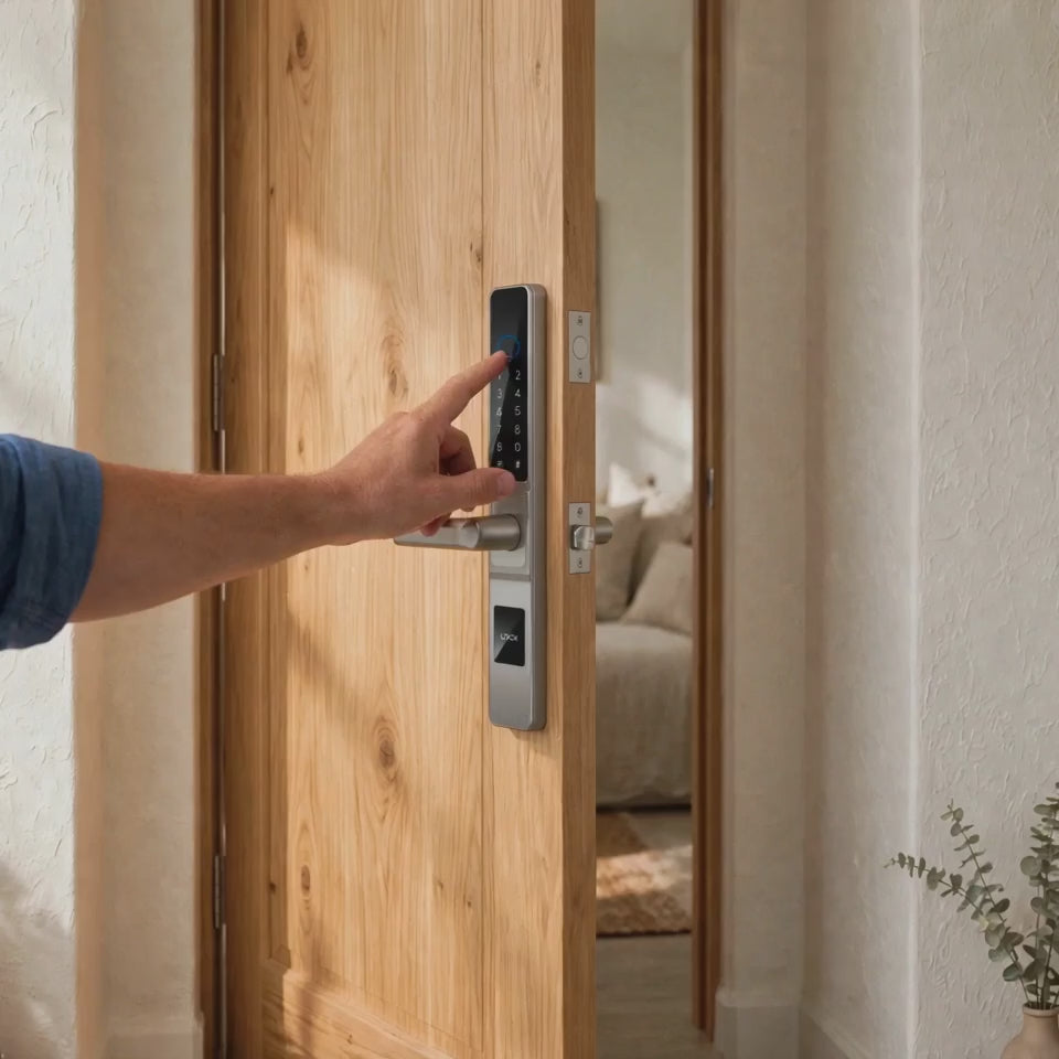 Brushed silver push pull smart lock: keypad glow, fingerprint scan, push to exit and pull to enter, app code card and key unlock