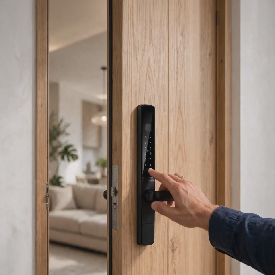 Matte black push pull smart lock: keypad glow, fingerprint scan, push to exit and pull to enter, app code card and key unlock
