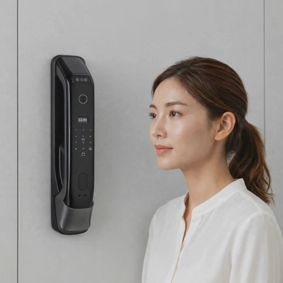 3D face recognition smart lock: face scan glow, app intercom, code, fingerprint, card and key unlock
