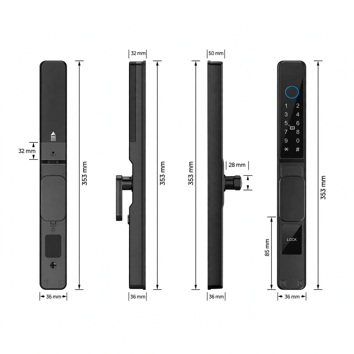 Dimension drawing of the black short-handle smart door lock: 353 mm tall, 36 mm wide, 85 mm centres, hook bolt