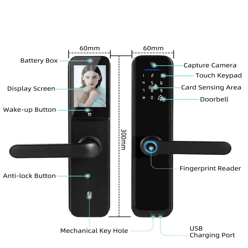 Labelled diagram of the camera smart lock: capture camera, display, keypad, fingerprint, card area, 60 x 300 mm