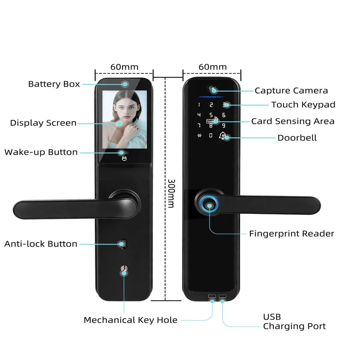 Labelled diagram of the camera smart lock: capture camera, display, keypad, fingerprint, card area, 60 x 300 mm