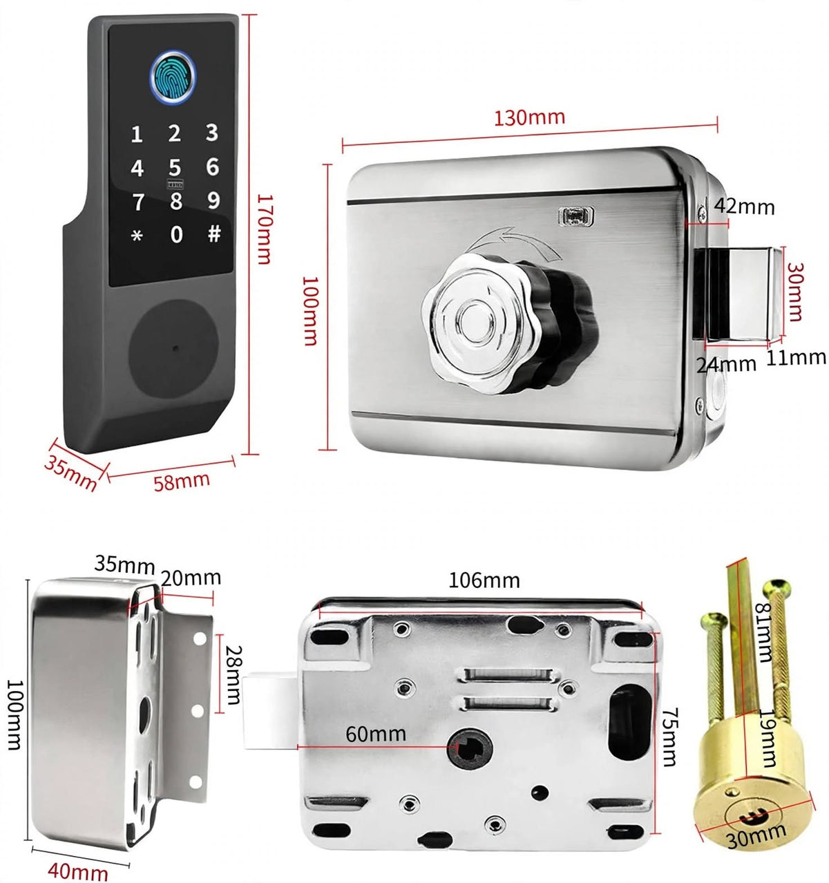 Dimension drawing of the gate smart lock: keypad 170 x 58 x 35 mm, rim lock body 130 x 100 x 42 mm, 60 mm backset