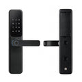 Black lever-handle smart door lock, outer keypad panel with fingerprint reader and inner panel