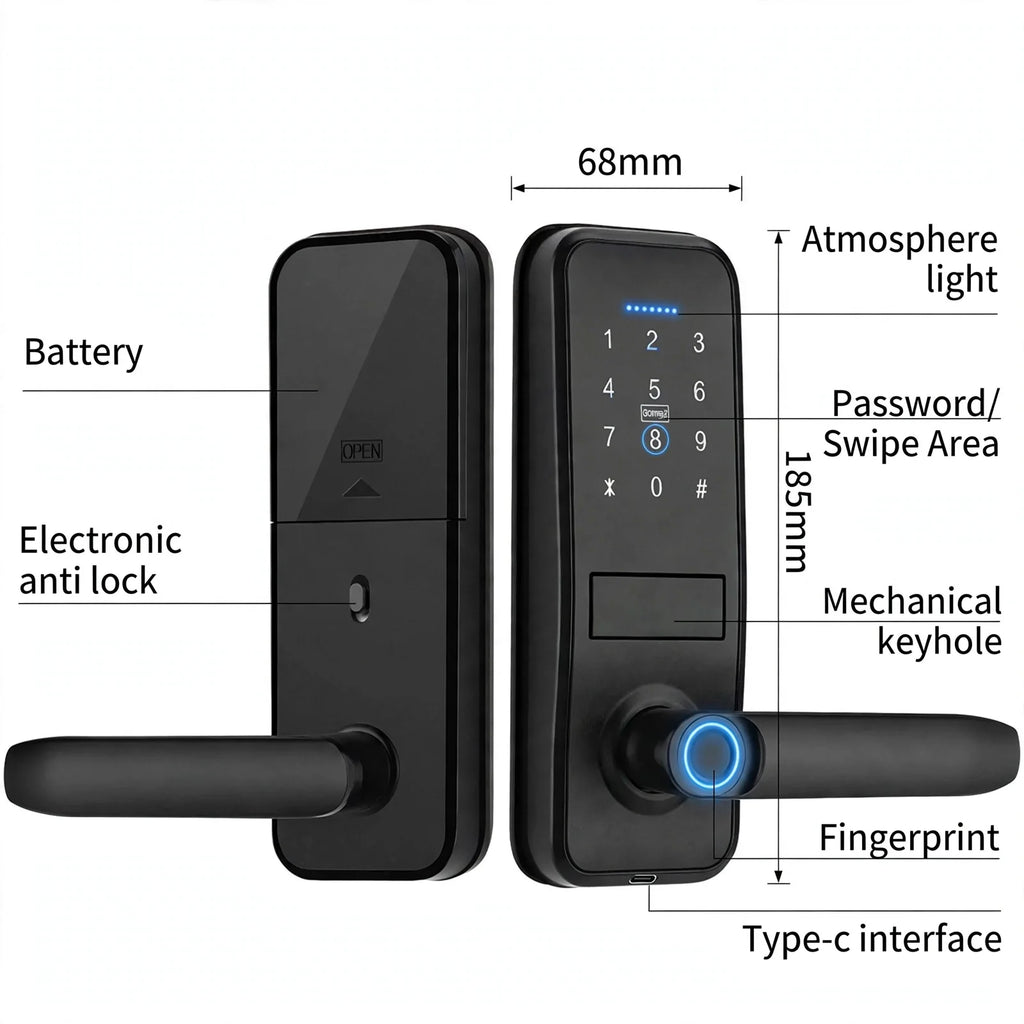 Labelled diagram of the adjustable lever-handle smart lock: keypad, fingerprint, keyhole, Type-C, 68 x 185 mm