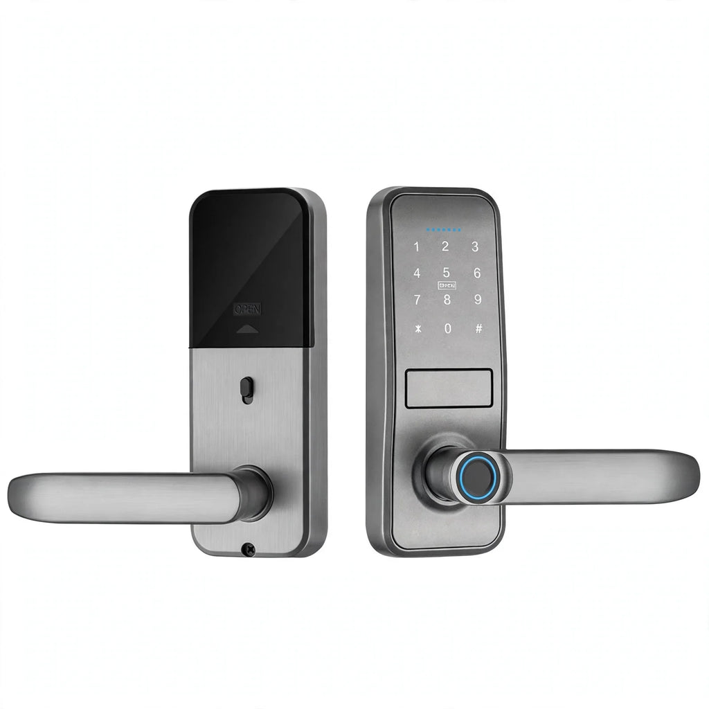 Silver lever-handle smart door lock, outer and inner panels side by side