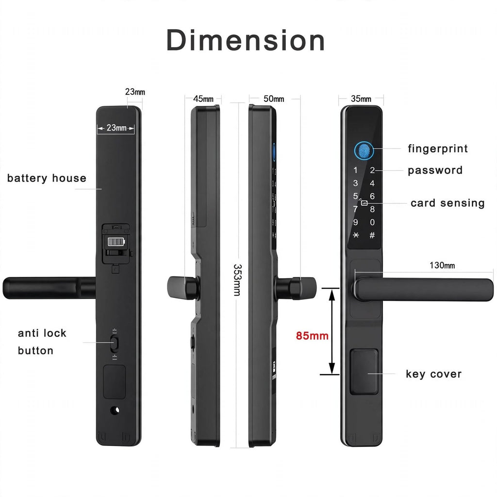 Dimension drawing of the black long-handle smart door lock: 353 mm overall, 130 mm handle, 85 mm centres