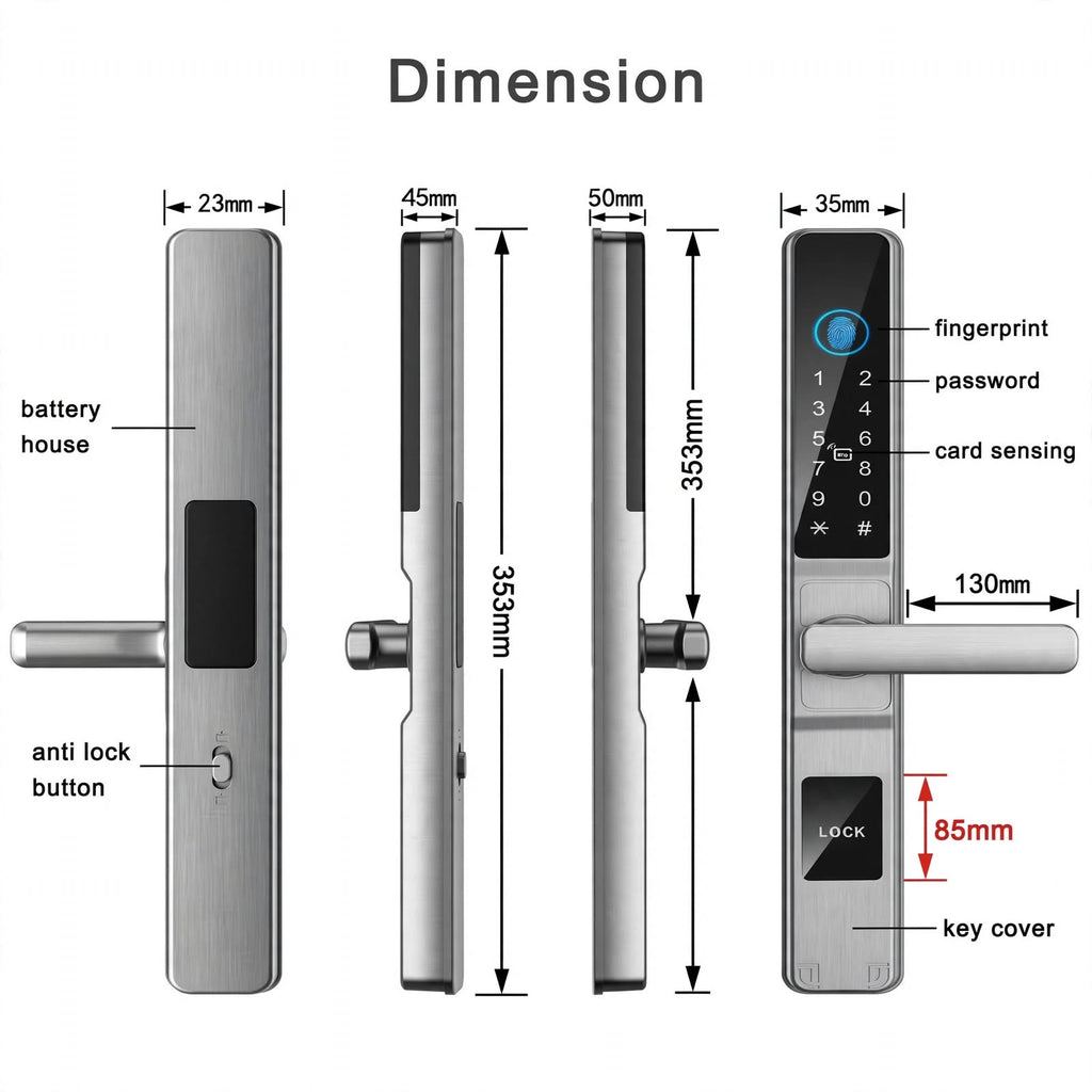 Dimension drawing of the silver long-handle smart door lock: 353 mm overall, 130 mm handle, 85 mm centres